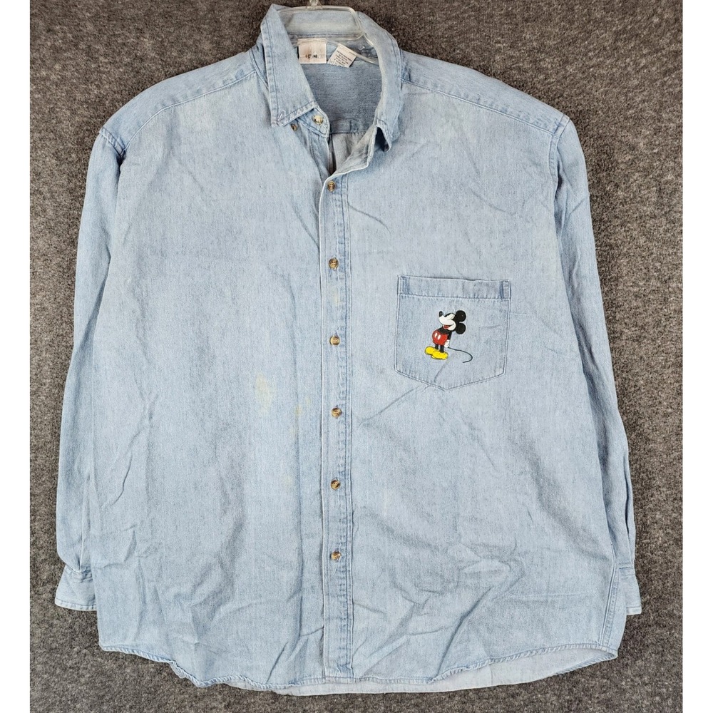 Disney Store Denim Shirt Mens L Mickey Mouse Light Blue Button Down Vintage HK